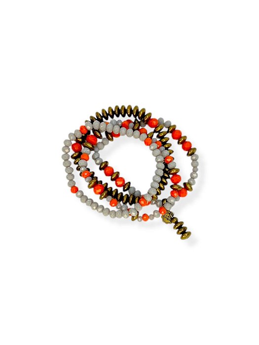 Pulseira 4v. de cristal cinza, laranja e abs ouro velho