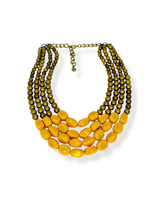 Colar 4v. curto de bolas o. velho e resina mostarda