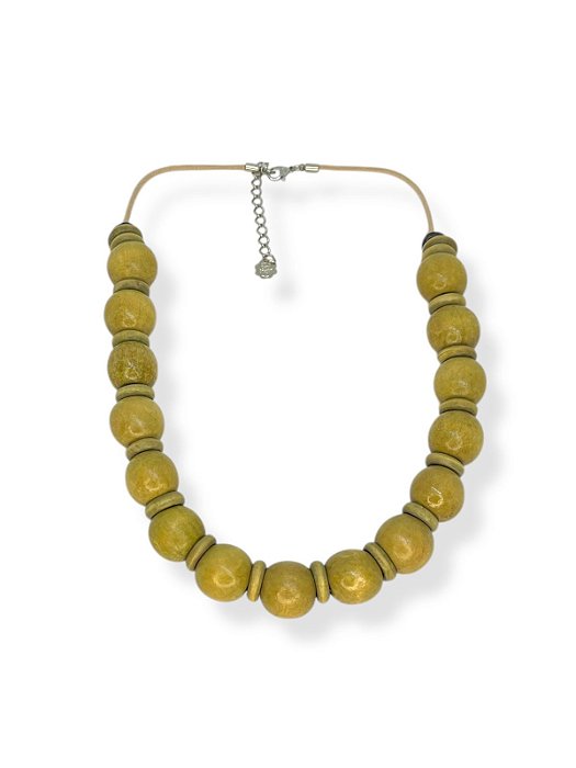 Colar 1v. de cordão bege com bolas de madeira clara