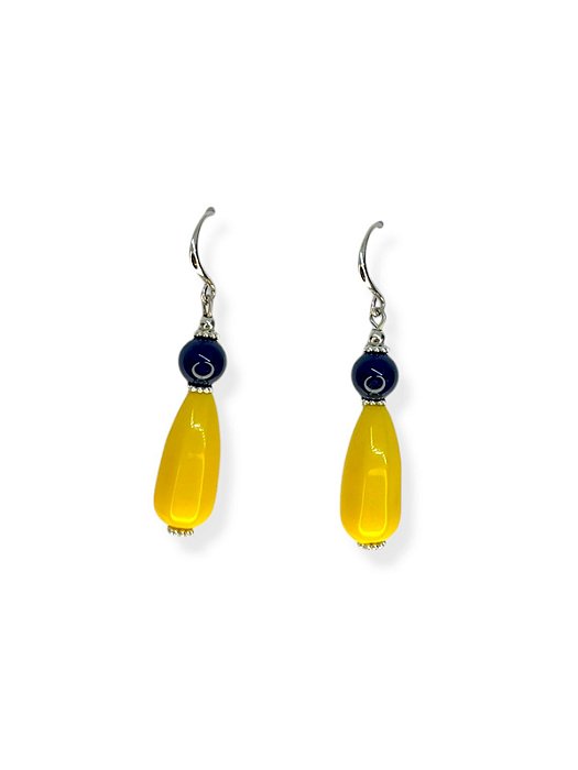 Brinco anzol niquel com bola azul marinho de resina e gota amarela