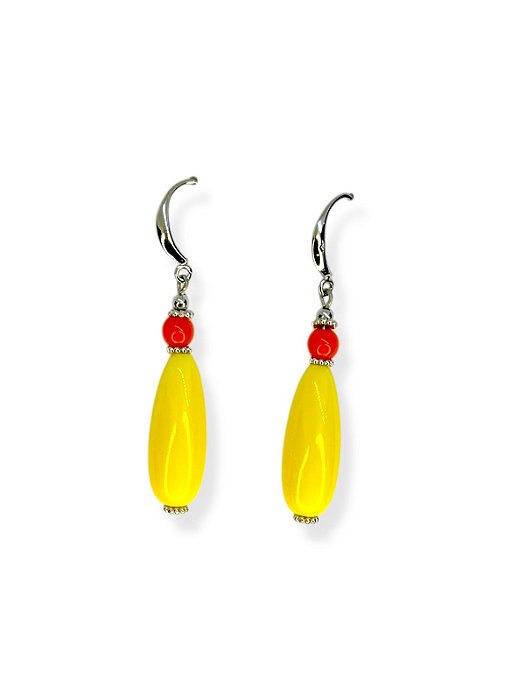 Brinco anzol niquel com bola coral de resina e gota amarela