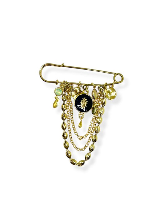 Broche dourado com corrente e pingentes dourados