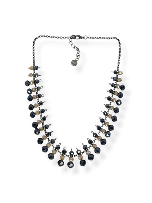 Colar 1v. curto de corr. grafite com cristais azul noite e lt colorad