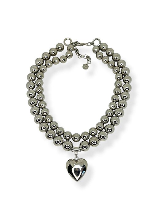 Colar 2v. de bolas níquel com pingente coração