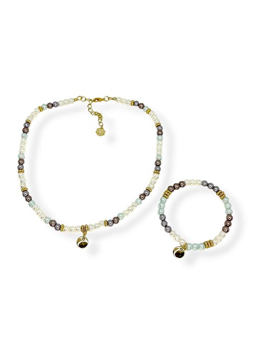 Kit colar e pulseira de pérolas coloridas e abs dourado