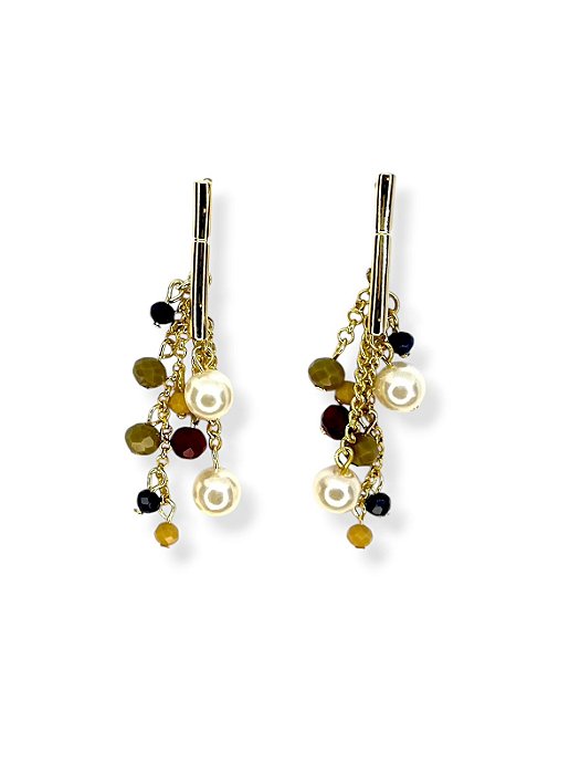 Brinco dourado com correntes, cristais coloridos e pérolas
