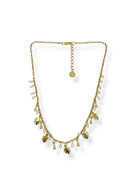 Colar 1v. corr. dourada com perolinhas e ping. folha