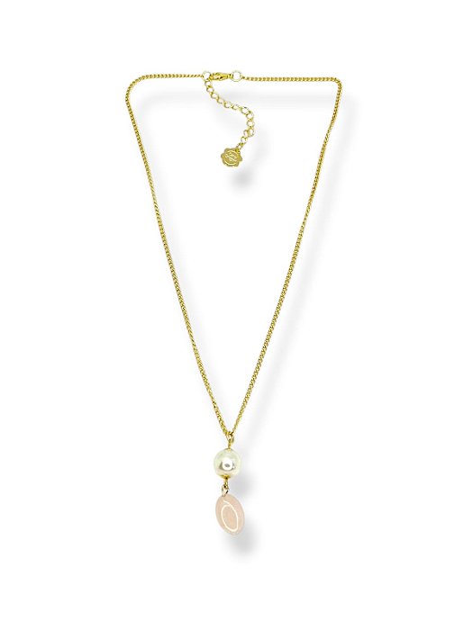Colar 1v. corr. fina dourada com quartzo rosa e pérola