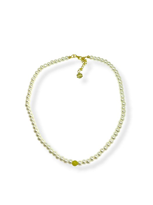 Colar 1v. curto de pérolas de vidro com pedra natural