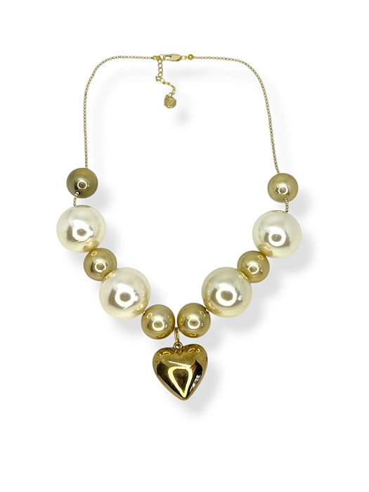 Colar 1v. de corr. dourada com pérolas grandes e bolas douradas