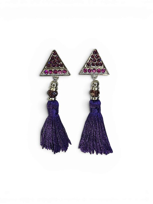 Brinco triangulo níquel com strass ametist, fucsia e tessel roxo