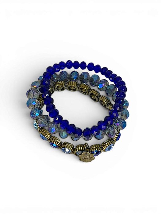 Pulseira 3v. de cristais azuis e passantes de strass