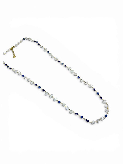 Colar 1v. de cascalho pedra da lua e cristal azul marinho
