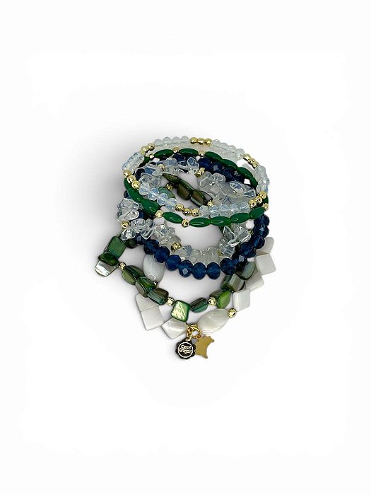 Pulseira 5v. de madreperolas, cascalho de pedra da lua e cristais