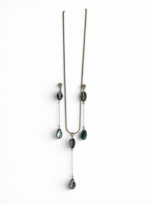 Kit de colar e brinco corr. dourada com cristal irregular azul furtacor