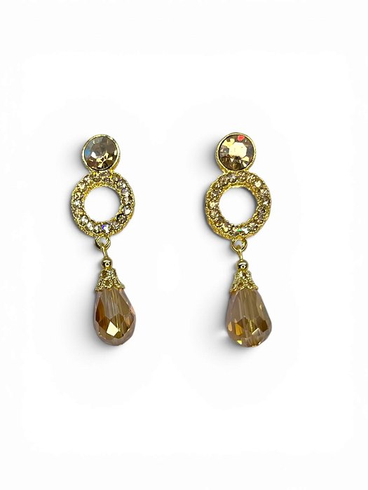 Brinco dourado com strass e gota de cristal gohon