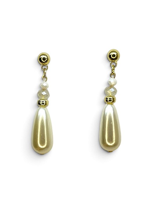 Brinco dourado com cristal off e perola de gota grande