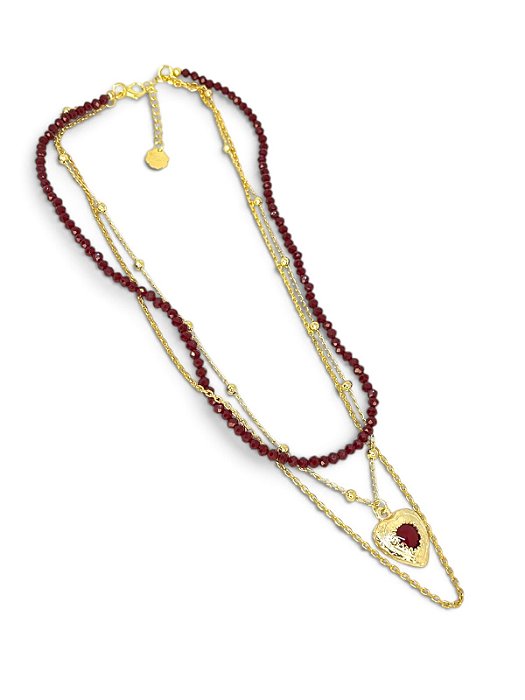 Colar 3v. de correntes douradas com cristal marsala e pingente coração