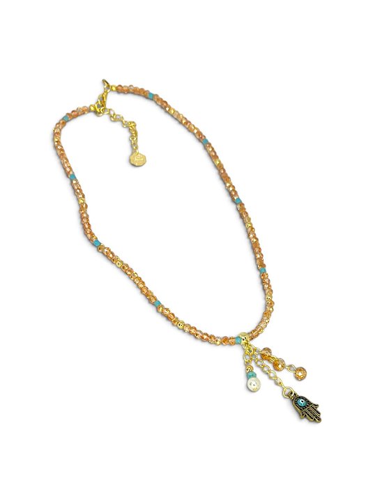 Colar 1v. de cristal lt colorad e pingente mão de fatima