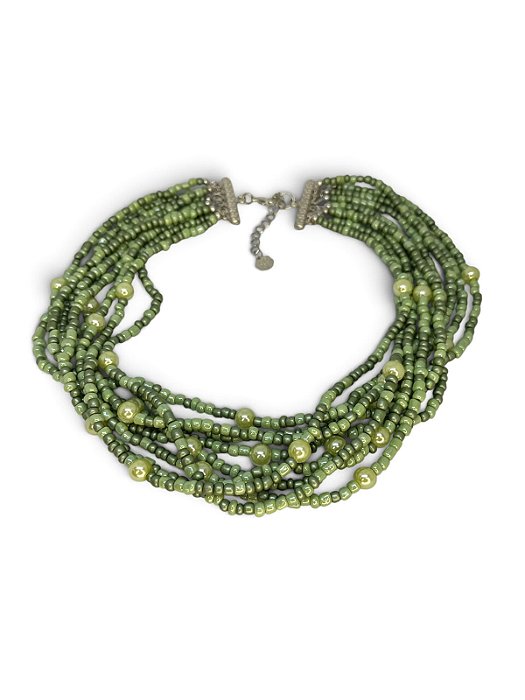 Colar curto 9v. de missangas e pérolas em tons de verde