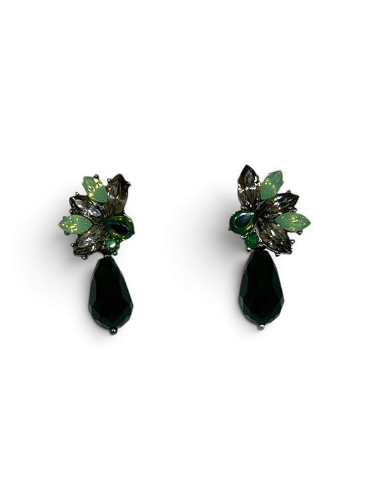 Brinco gota de cristal verde com navetes black diamont e verde