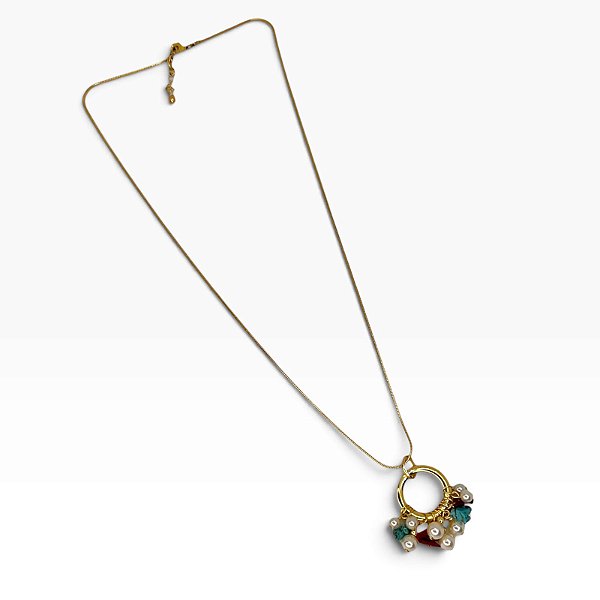 Colar 1v. corr. rabo de rato dourada com argola, cascalho e pérolas penduradas