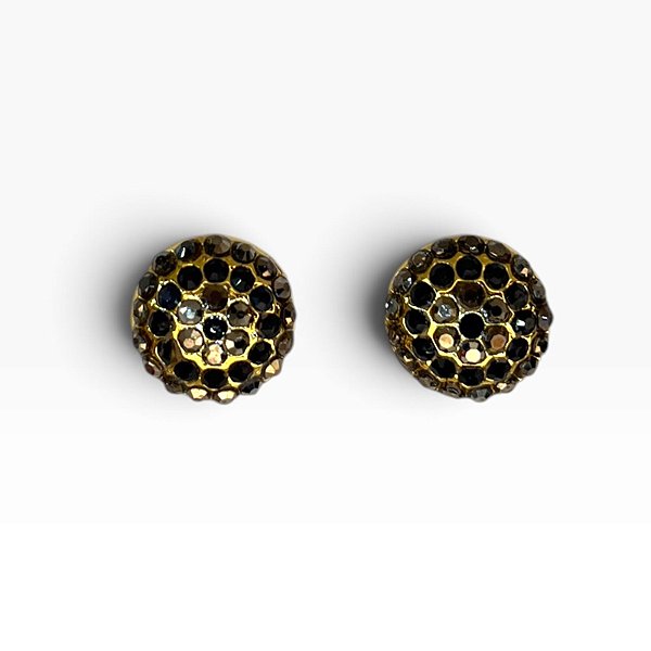 Brinco dourado redondo com strass jet hematite e jet