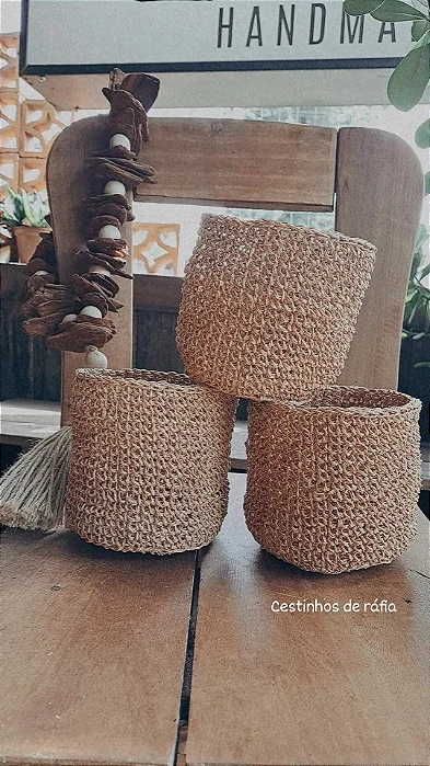 Trio de Cestinhos em Ráfia orgânica