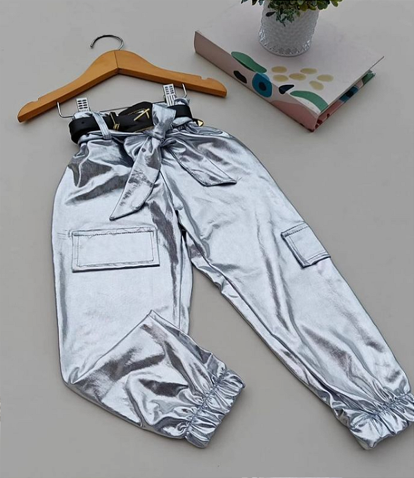 Calça Infantil Jogger Metalizada Prata