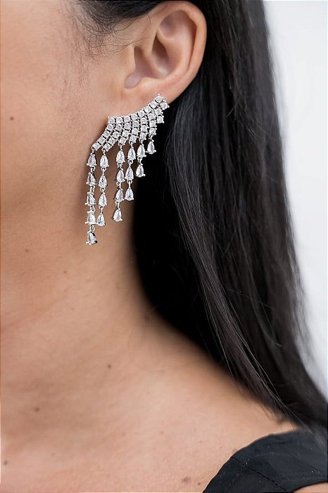 Brinco Earcuff Franjas Gotas Cristal