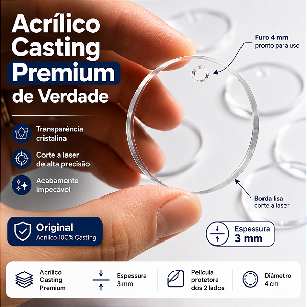 Base Redonda 4cm em Acrílico  Com Furo Chaveiro