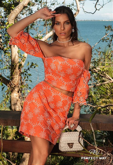 Conjunto Cropped+ Saia Less Laranja Perfect Way