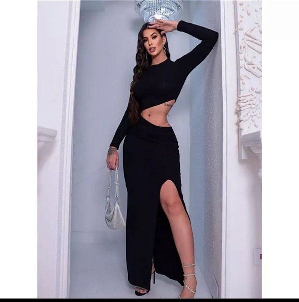 Roma - Vestido Canelado Longo Preto