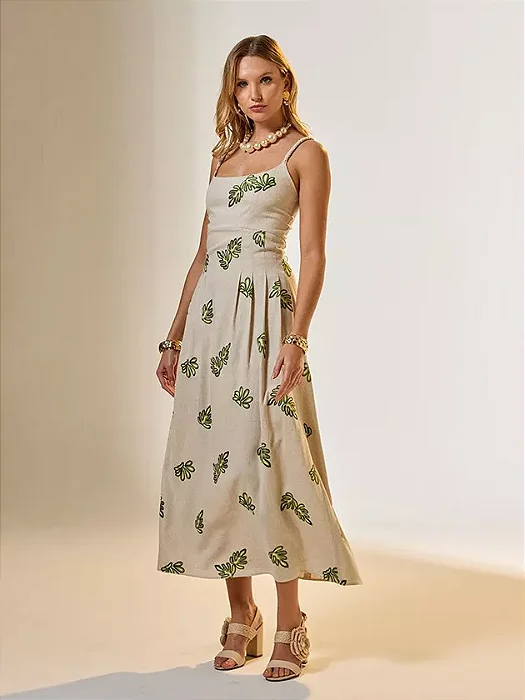 Flor Linda - Vestido Midi Linho Bordado