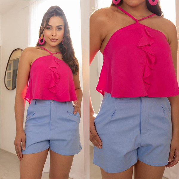 Rosa Branca  - Short Linho Azul Claro