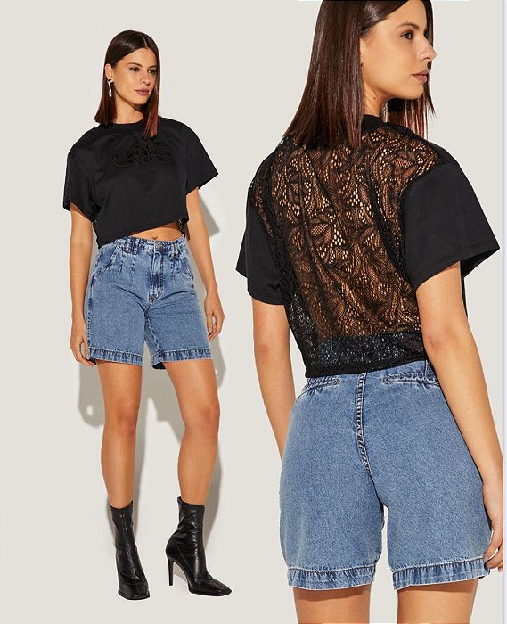 Onça Preta - Cropped T-Shirt Det Rendas
