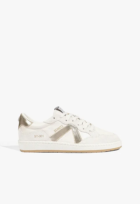 Schutz - Tênis ST001 Couro Off White/ Dourado
