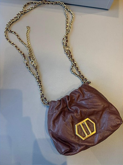 Arezzo - Bolsa Tiracolo Chocolate Couro Pequena Corrente Dourada