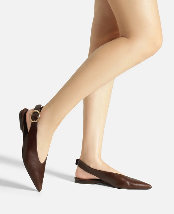 Arezzo - Sapatilha Marrom Couro Slingback Bico Fino Fivela