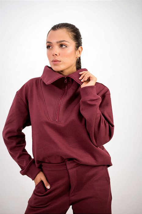 Blusa Moletom Rib Slow Cabernet - Meio Ziper