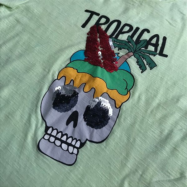 Camiseta Verde Clara Zara Tropical Cazeira Com Aplicações Em