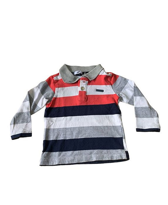 Camiseta De Frio Polo Infantil Branco Com Listras Cinza Azul