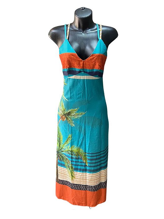 Vestido Longo Alcinha Azul Com Laranja Estampado