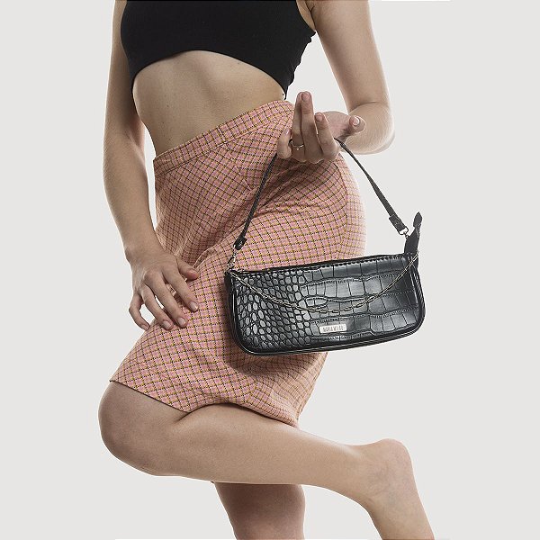 Bolsa Maria Milão Baguete Croco Preta
