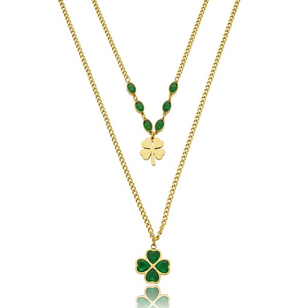 Colar duplo de trevos em aço inoxidável dourado