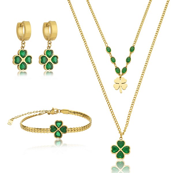 Conjunto colar, brinco e pulseira de trevo em aço-inoxidável