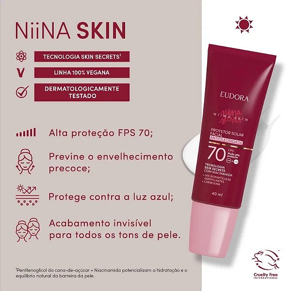PROTETOR SOLAR FACIAL ANTIOLEOSIDADE FPS50 - 40ml - NIINA SECRETS - EUDORA
