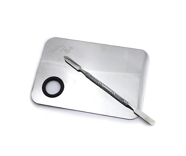 PLACA E ESPÁTULA EM AÇO INOX PARA MAQUIAGEM