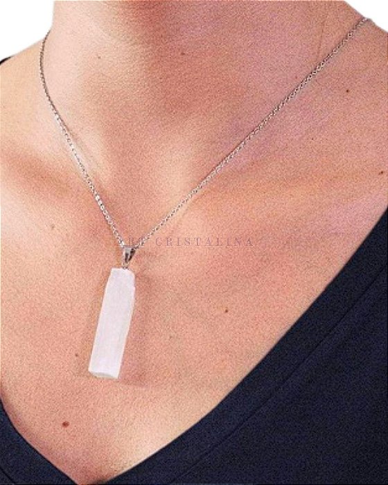 Colar De Selenita Branca Corrente 50 cm