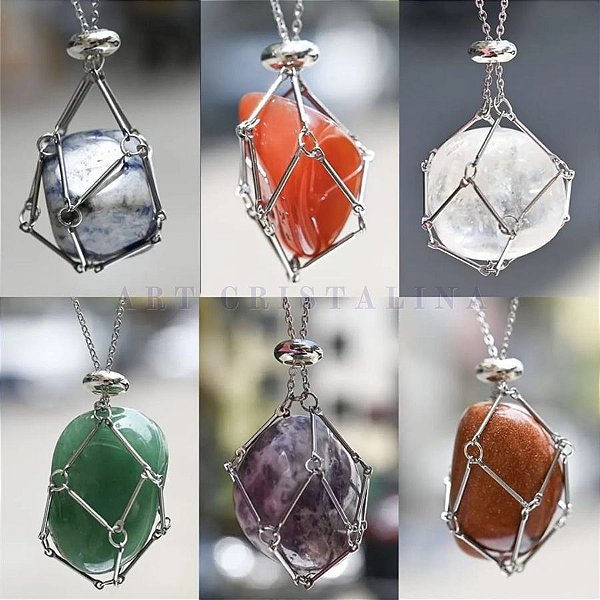 Colar Porta Pedras Troque de Cristais Redinha de Aço Inox